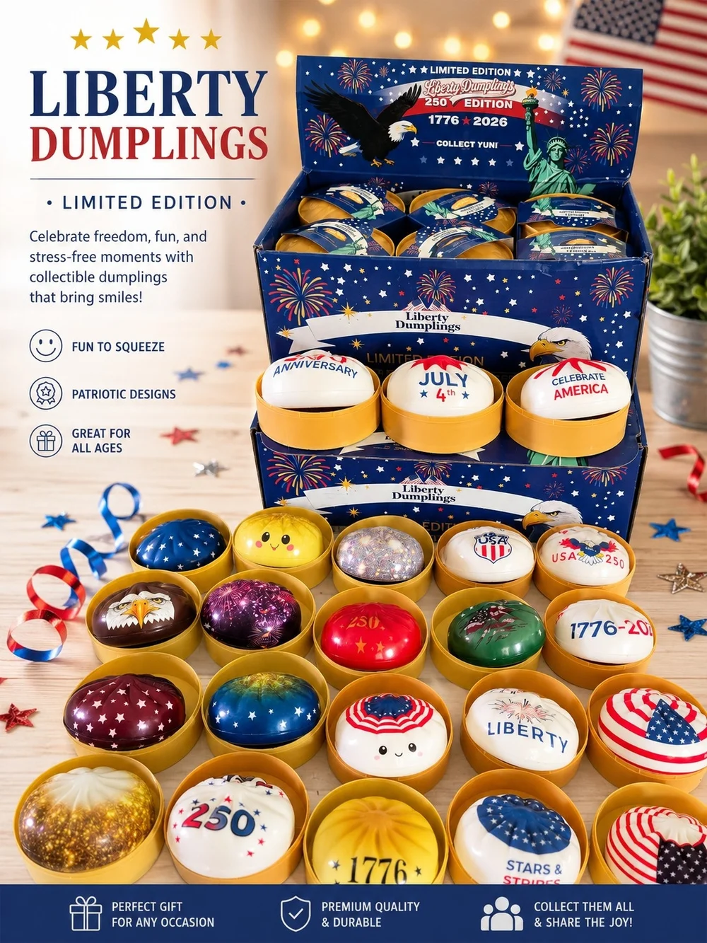 5 Random Liberty Dumplings Patriotic Squeeze Toys. July 4th Ready.